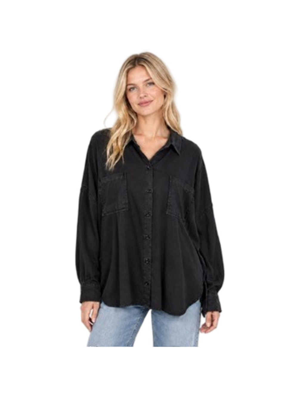 DEAR JOHN Adrianna Shirt Ash Black Wash Tencel Utility Button Oversized Fit Sz L